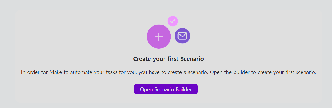 Make에서 Open Scenario Builder 버튼으로 첫 시나리오를 만드는 화면