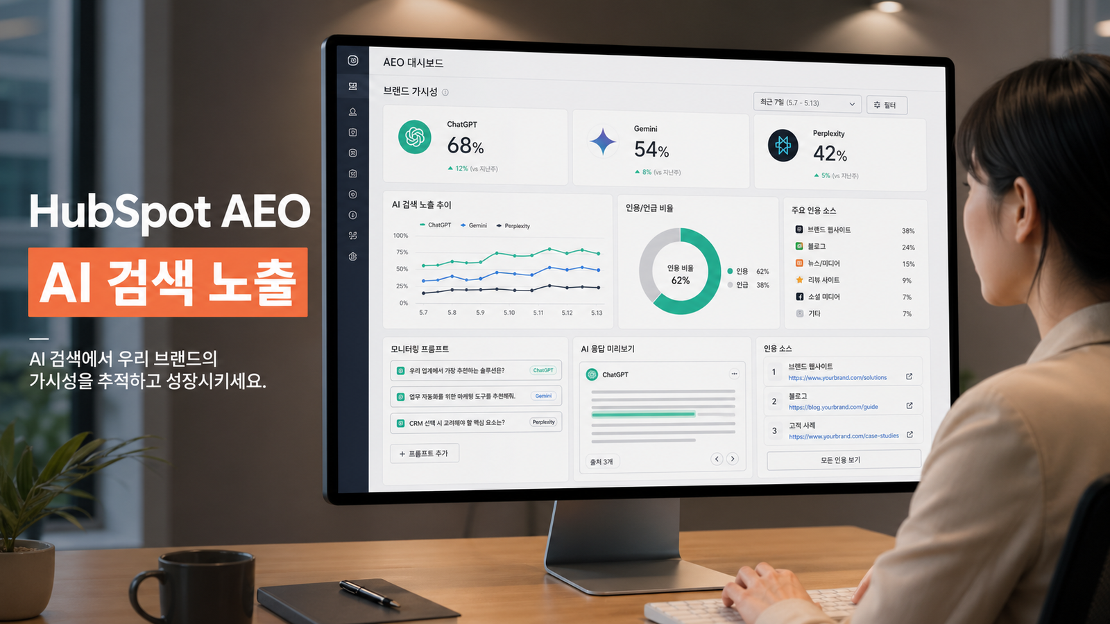 HubSpot AEO로 AI 검색 노출과 브랜드 가시성을 확인하는 대시보드 화면