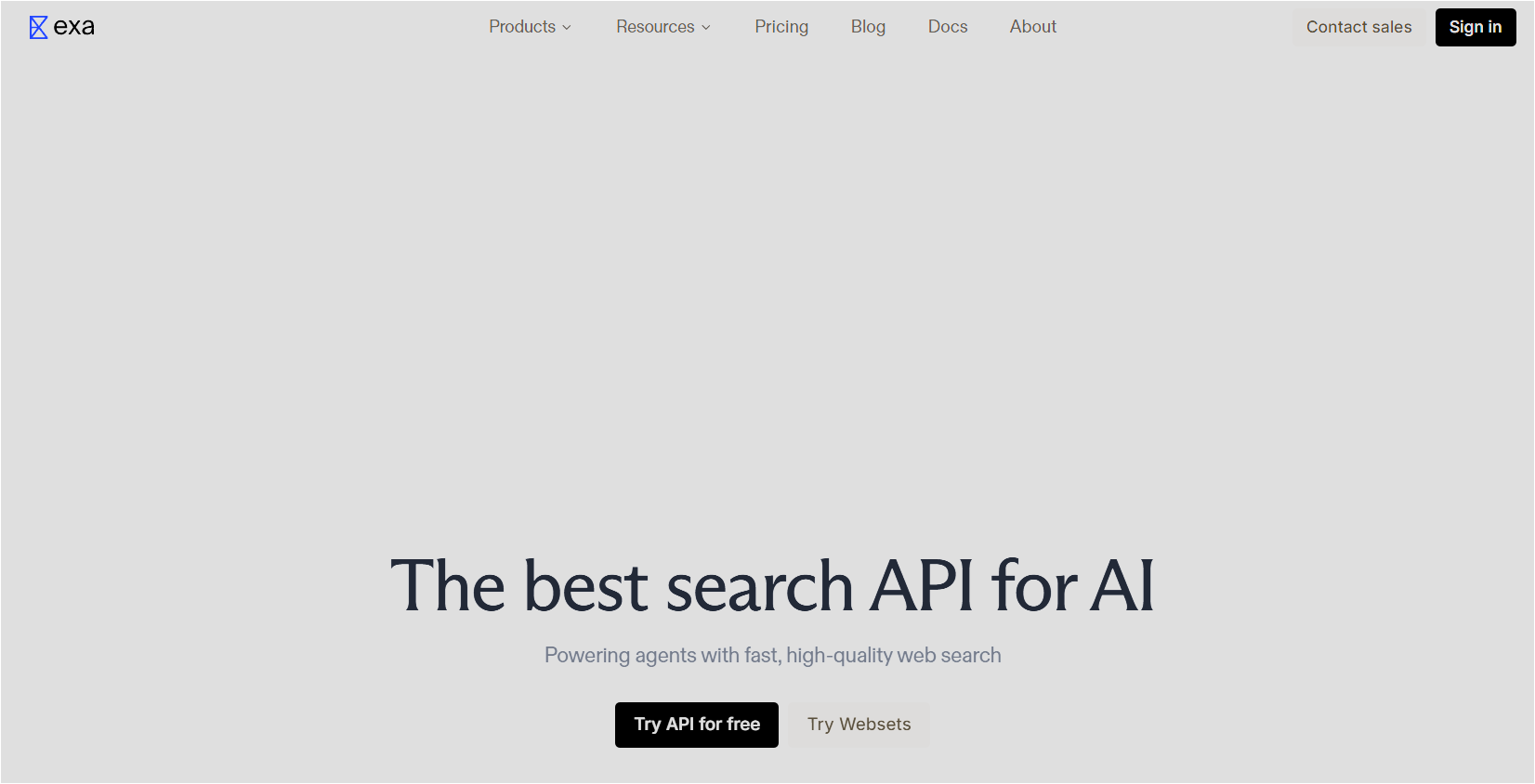 Exa 홈페이지에서 Try API for free 버튼을 확인하는 화면