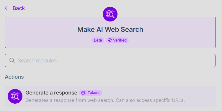 Make AI Web Search에서 Generate a response 액션을 선택하는 화면