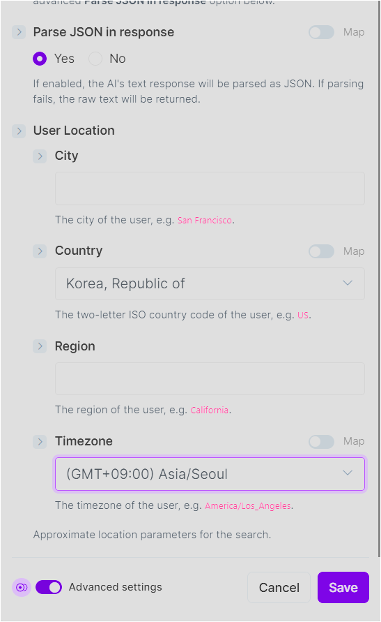 Make AI Web Search 고급 설정에서 Country와 Asia Seoul 시간대를 설정하는 화면