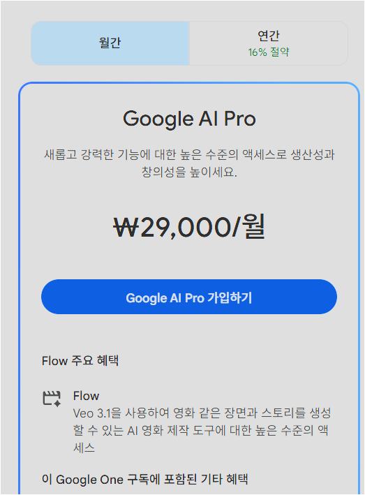 Google AI Pro 가입 화면에서 월 29000원과 Flow 주요 혜택이 표시된 화면