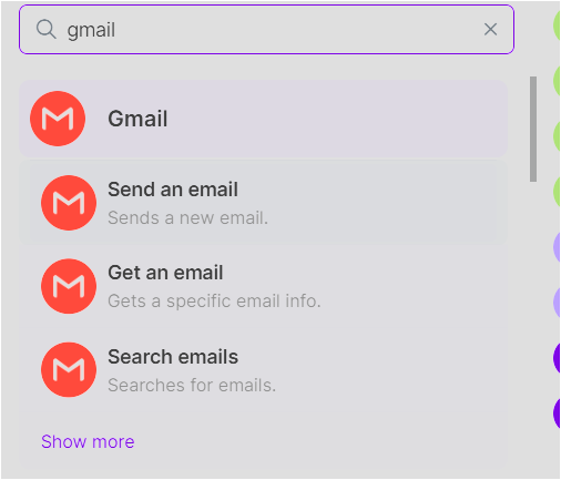 Make 앱 검색에서 Gmail Send an email 모듈을 선택하는 화면