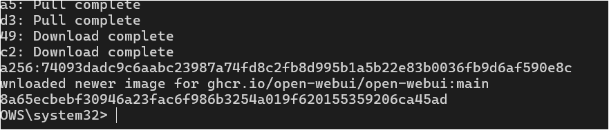 Open WebUI Docker 이미지 다운로드와 컨테이너 생성이 완료된 PowerShell 화면