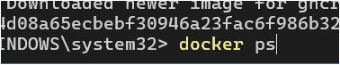 PowerShell에 docker ps 명령어를 입력해 컨테이너 상태를 확인하는 화면