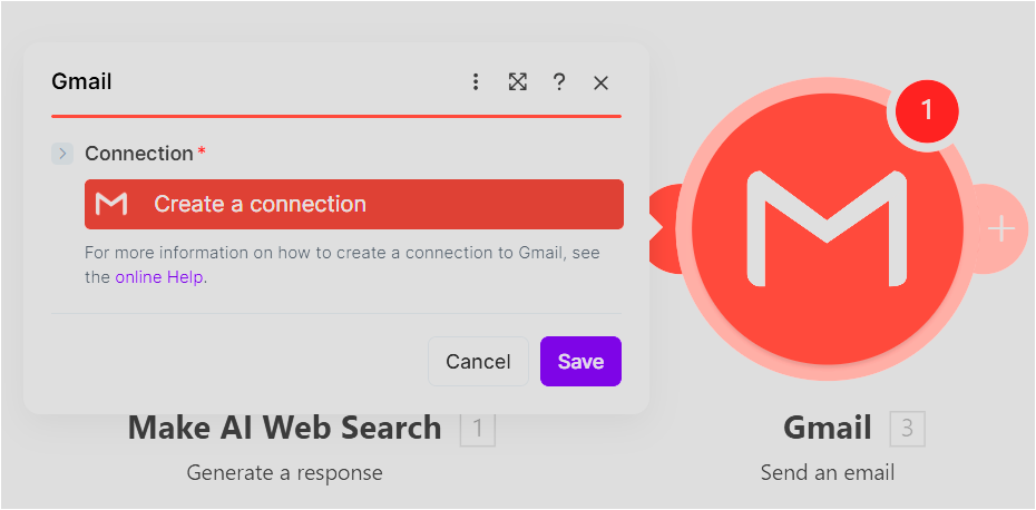 Make Gmail 모듈에서 Create a connection 버튼을 누르는 화면
