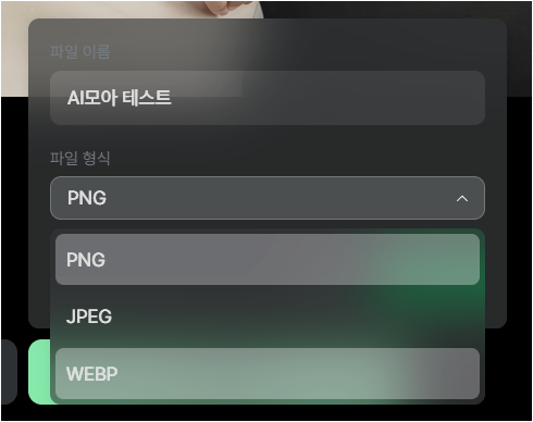 크리젠 다운로드 형식 선택 화면에서 WEBP 옵션이 보이는 화면