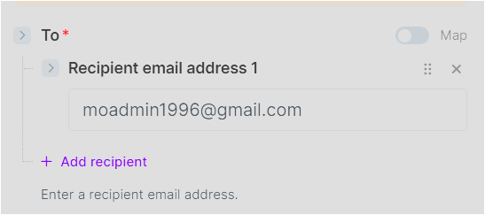 Make Gmail Send an email 모듈에서 수신자 이메일 주소를 입력하는 화면