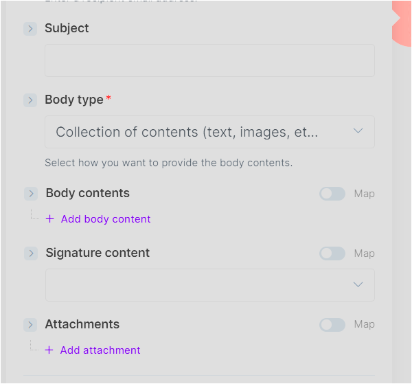 Make Gmail 모듈에서 Subject, Body type, Body contents 영역이 보이는 화면