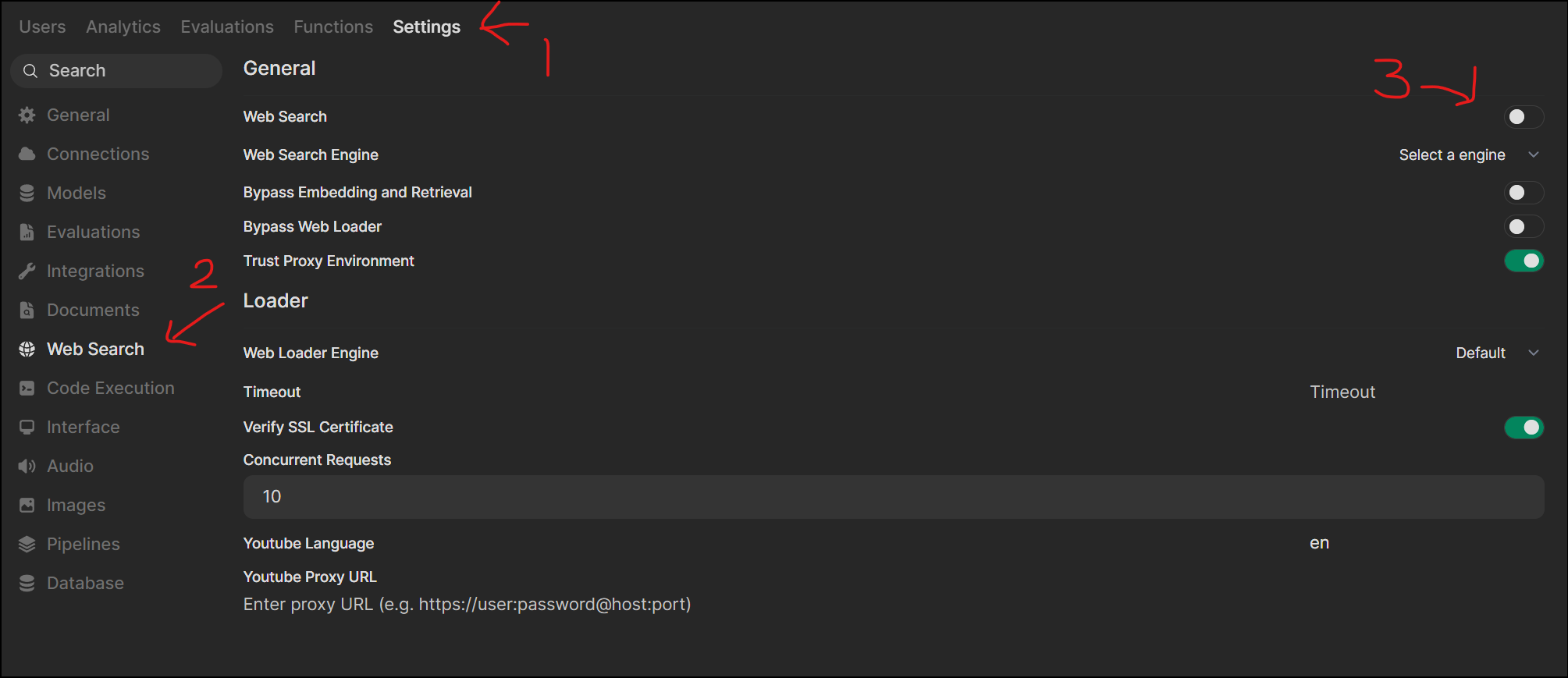 Open WebUI Admin Panel에서 Settings와 Web Search 메뉴를 선택하는 화면