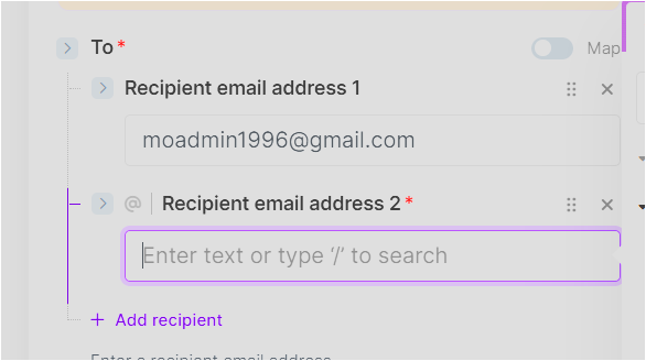 Make Gmail 모듈에서 Add recipient로 두 번째 수신자를 추가하는 화면