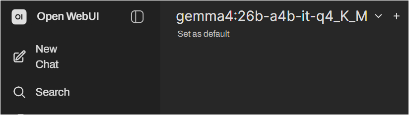 Open WebUI에서 gemma4 26B 양자화 모델을 선택한 화면