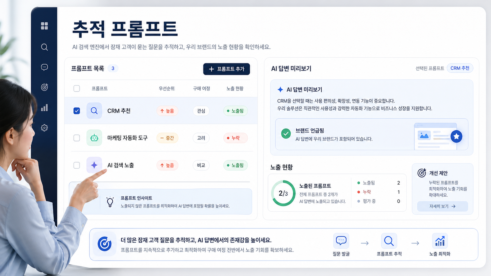 HubSpot AEO에서 CRM 추천과 마케팅 자동화 도구 같은 추적 프롬프트를 관리하는 화면