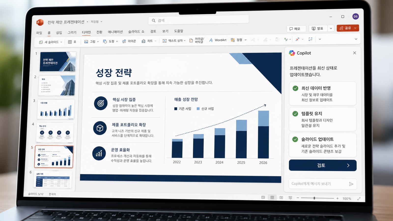 PowerPoint에서 Microsoft 365 Copilot이 최신 데이터를 반영해 슬라이드를 업데이트하는 화면